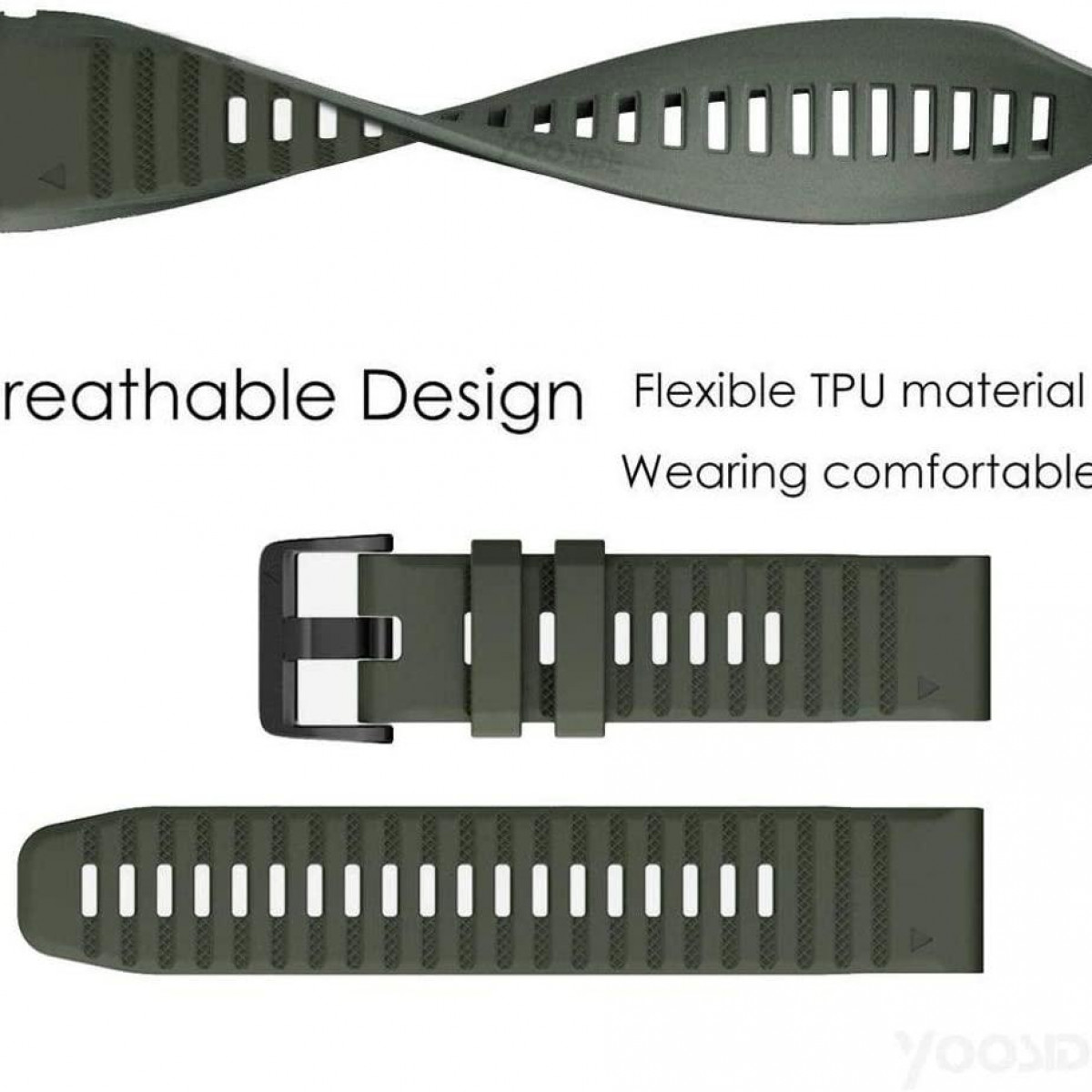 Zielony pasek do zegarka. Tekst: Oddychający design, elastyczny TPU, wygodne noszenie.
