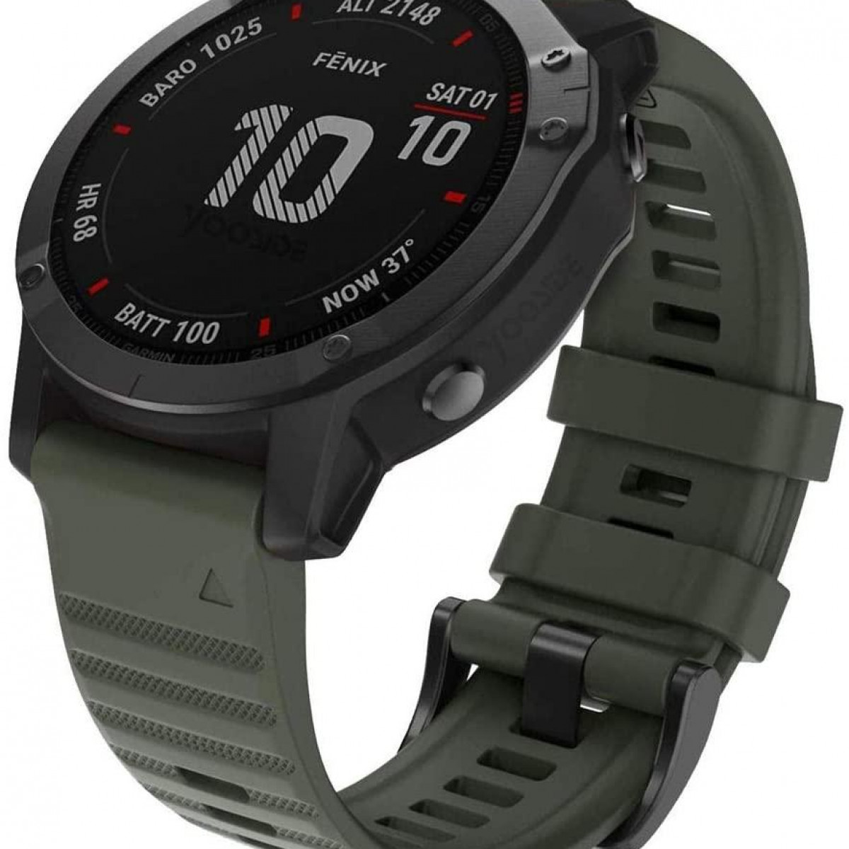 Smartwatch z zielonym paskiem, wyświetlający czas i wskaźniki zdrowia. Czarna tarcza zegarka.