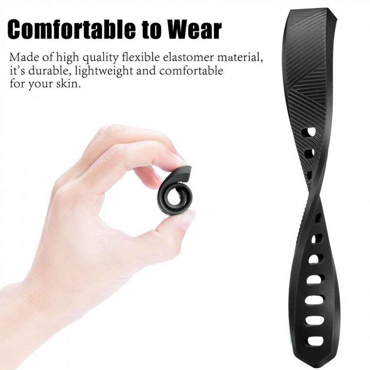 Hand hält ein schwarzes, flexibles Armband. Das Armband ist bequem und leicht.