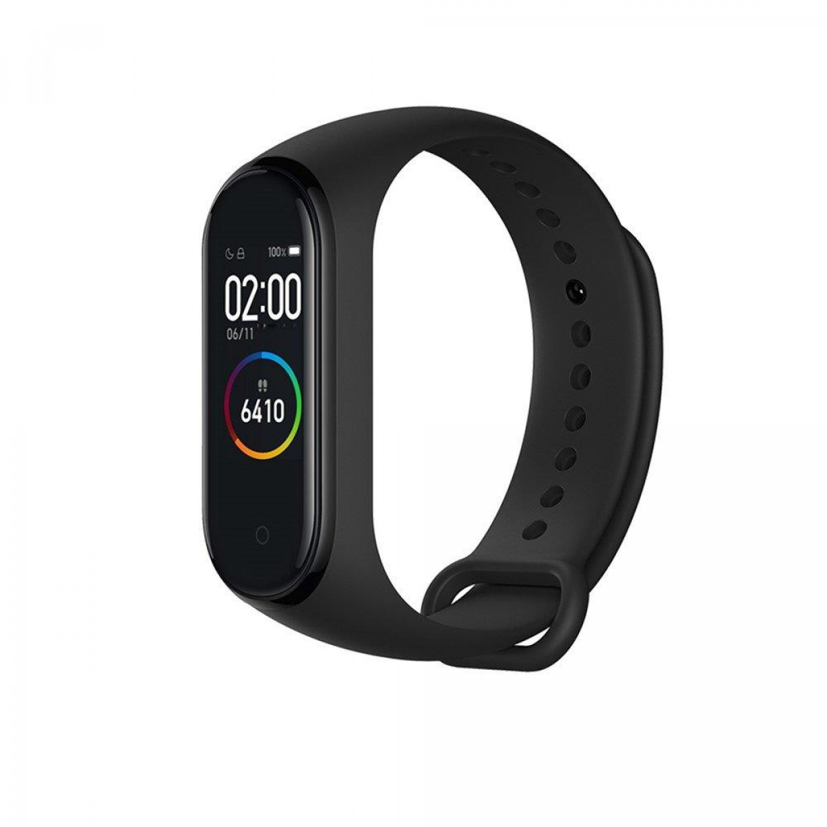 Eine schwarze Smartwatch mit schwarzem Armband, zeigt Datum und Uhrzeit auf dem Bildschirm.