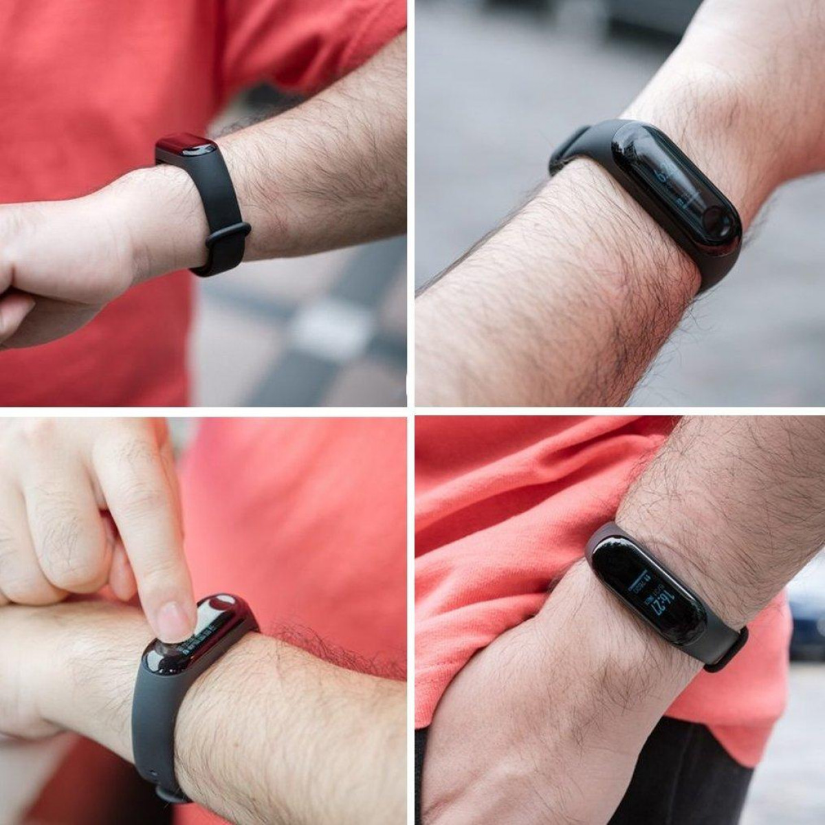 Vier Bilder eines schwarzen Smartbands am Handgelenk. Display zeigt Uhrzeit und Datum.