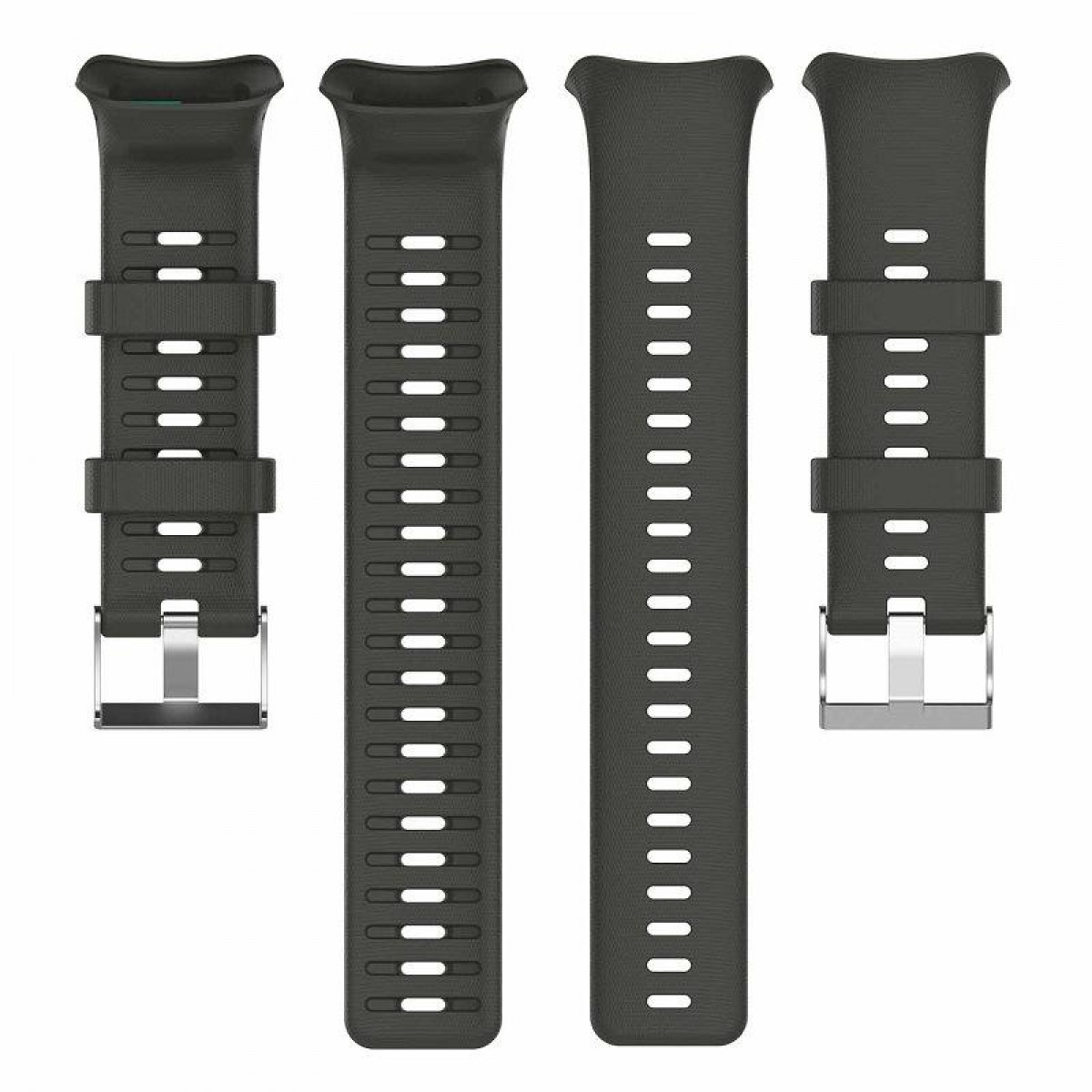 Vier schwarze Smartwatch-Armbänder in verschiedenen Längen, mit Löchern und silbernen Schnallen, auf weißem Hintergrund.