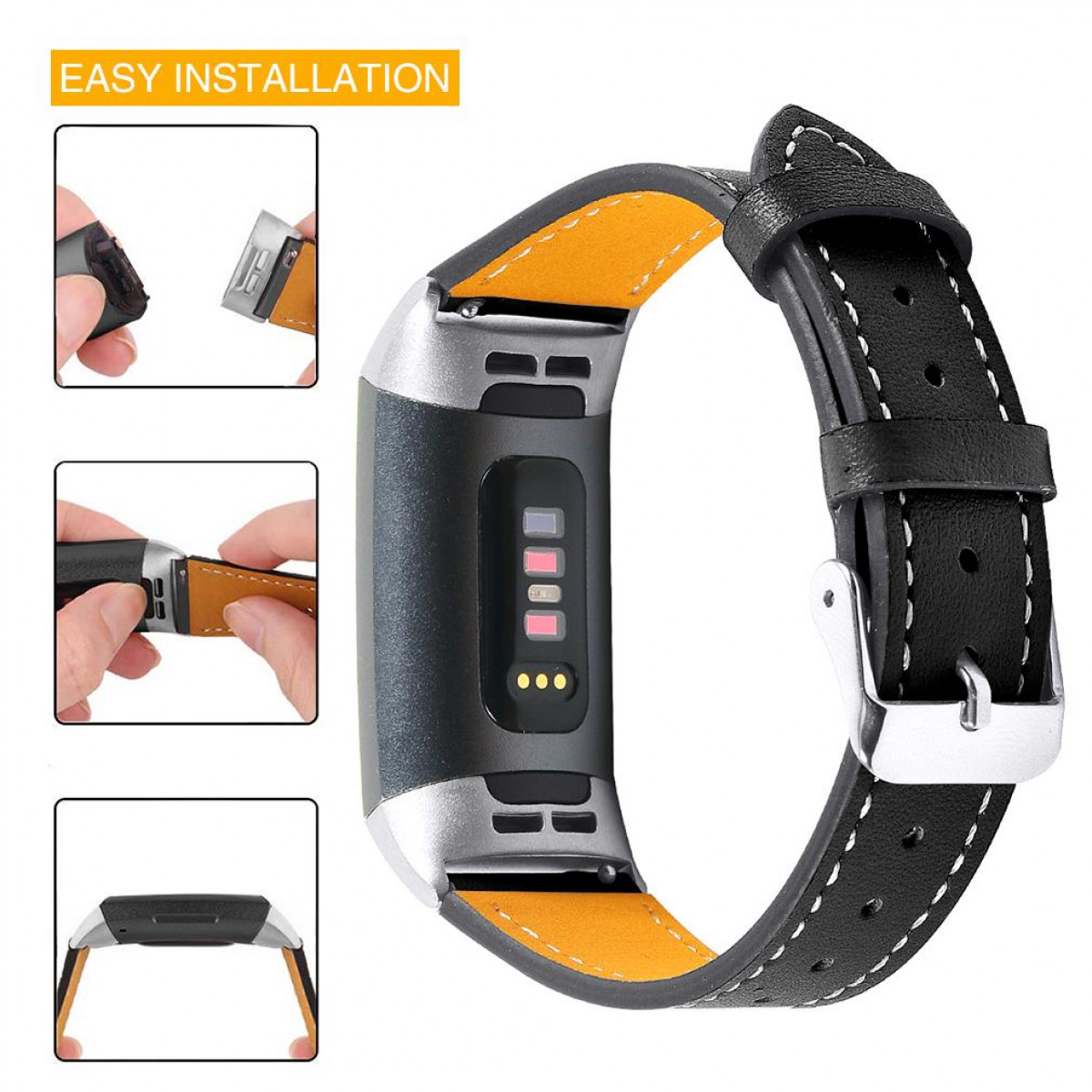Ein schwarzes Lederarmband mit gelber Innenseite. Es ist mit einem Fitness-Tracker verbunden.
