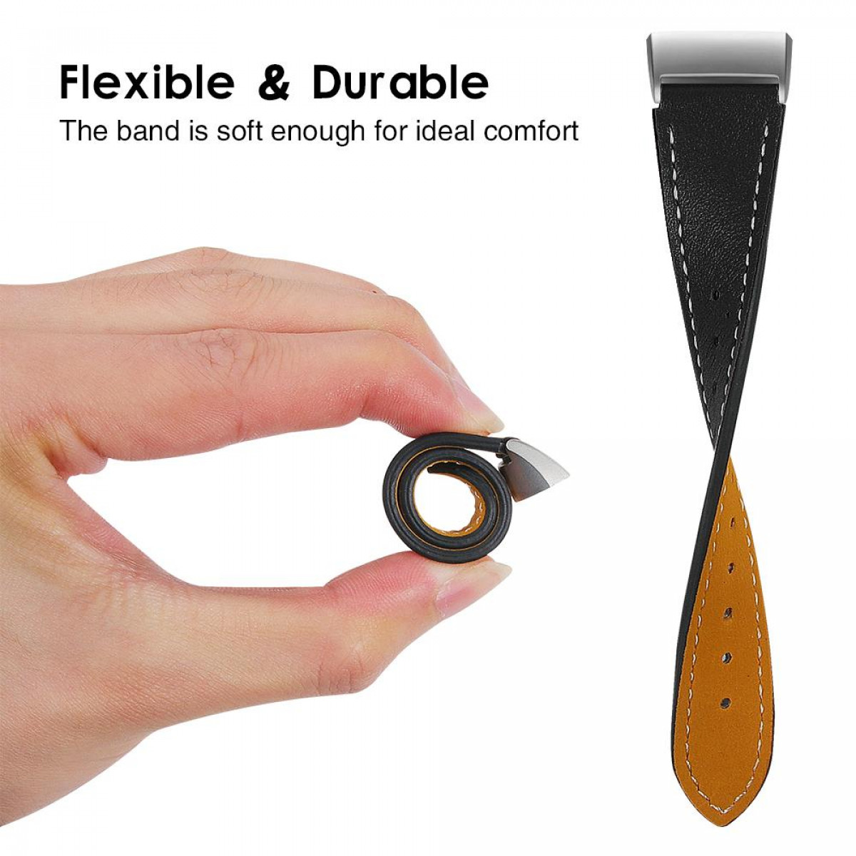 Eine Hand hält ein flexibles schwarz-gelbes Uhrenarmband und zeigt die Flexibilität und das Design des Armbands.