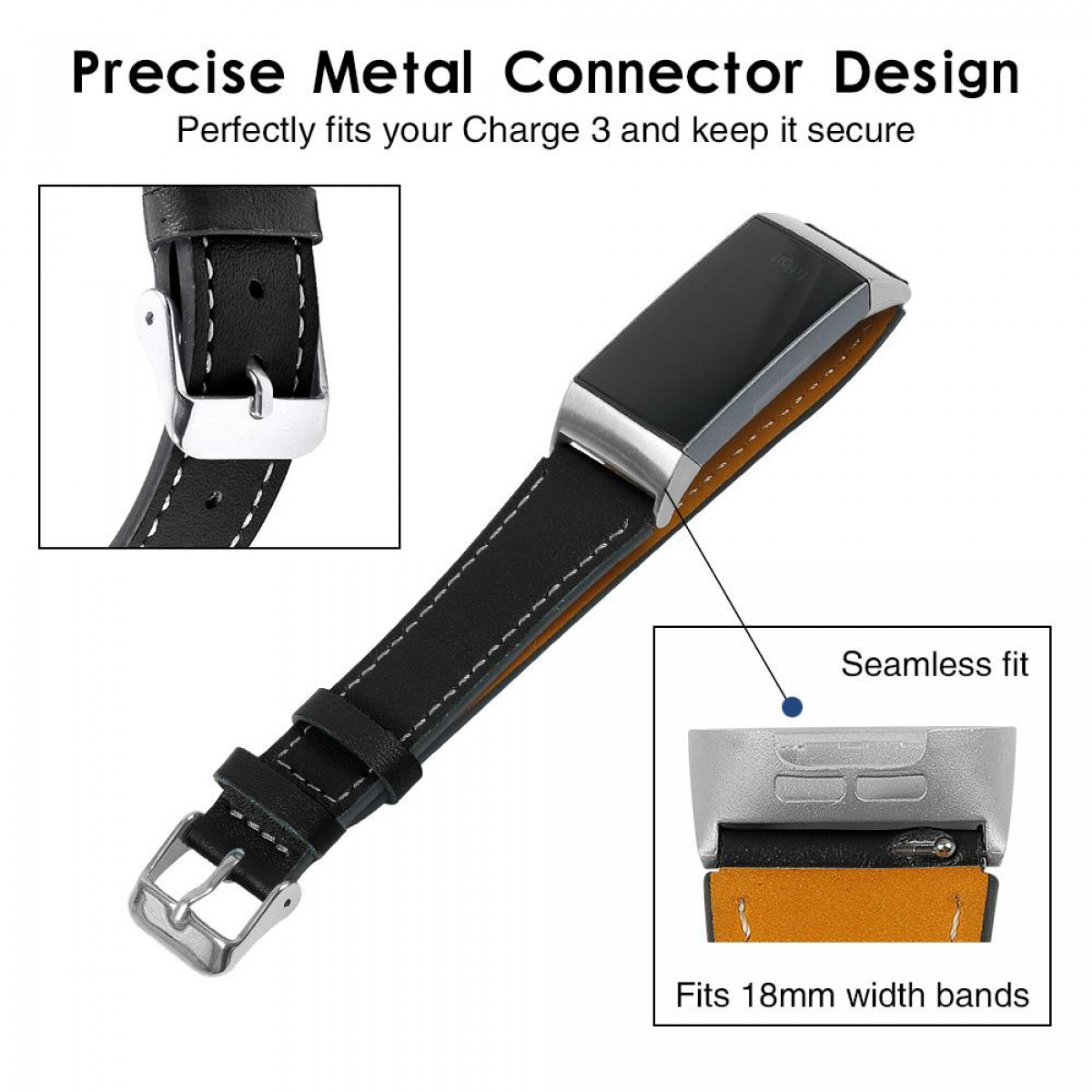 Schwarzes Lederarmband mit Metallschnalle. Details zeigen Nähte und einen Stecker. Weißer Hintergrund.