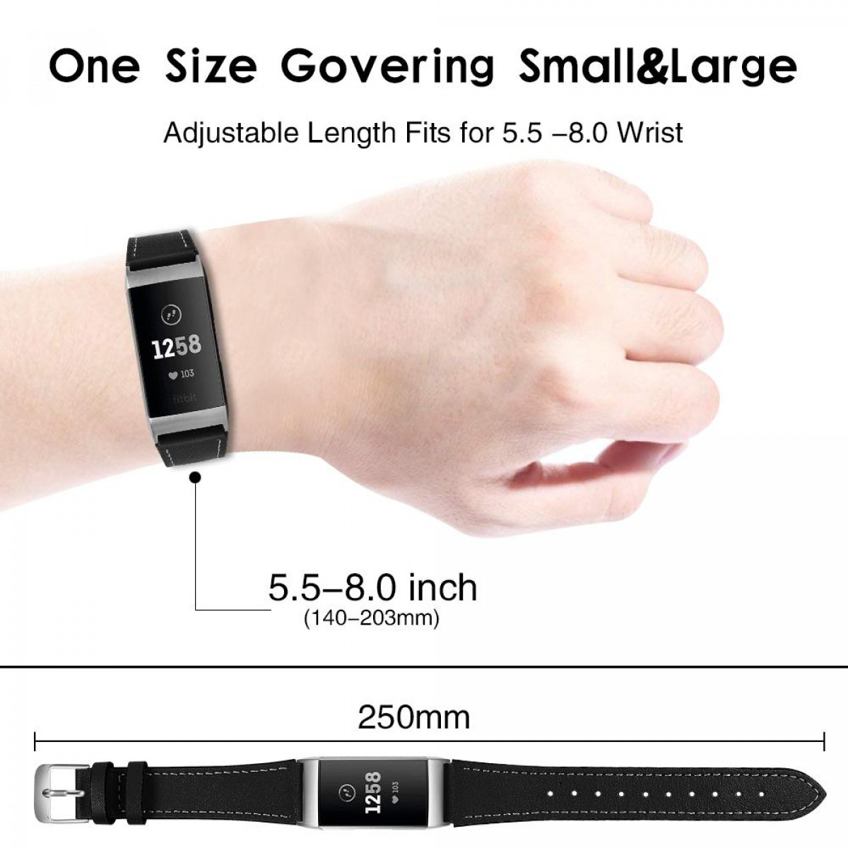 Die Hand einer Person mit einer Fitbit-Uhr und ein Diagramm, das die Länge der Uhr zeigt.