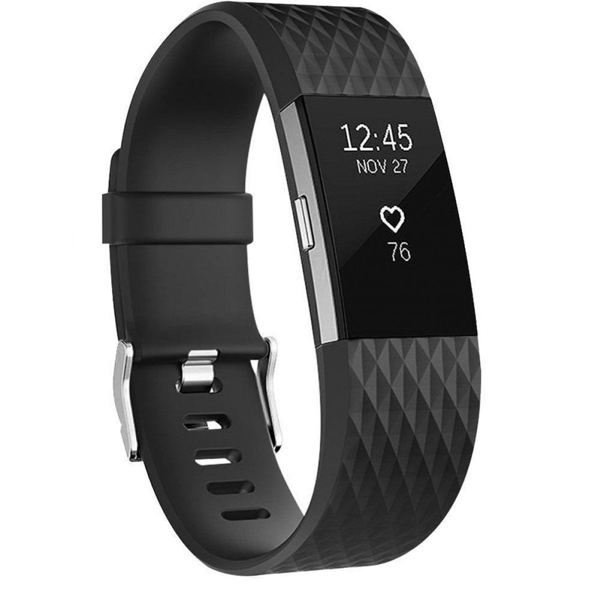 Schwarze Smartwatch mit Display, das Zeit, Datum und Herzfrequenz anzeigt.