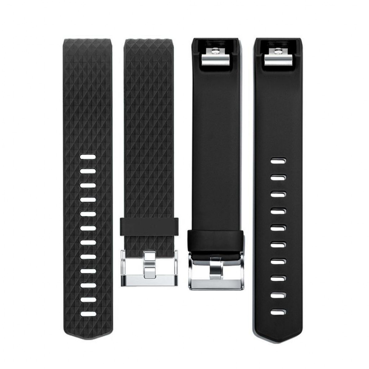 Drei schwarze Fitness-Tracker-Armbänder. Sie haben ein strukturiertes Muster und befinden sich auf weißem Hintergrund.