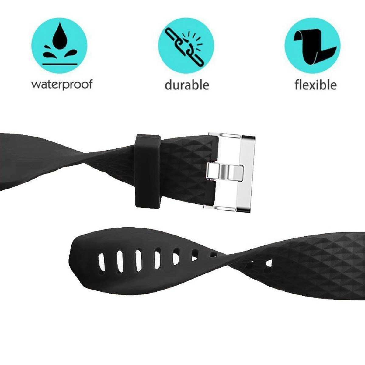 Schwarzes Smartwatch-Armband mit drei Symbolen: wasserdicht, langlebig, flexibel.