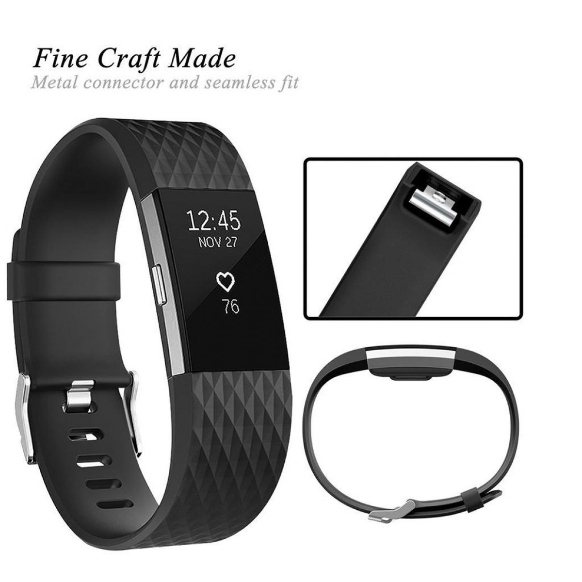 Schwarzer Fitnesstracker mit Anzeige von Uhrzeit und Herzsymbol, mit schwarzem Armband.