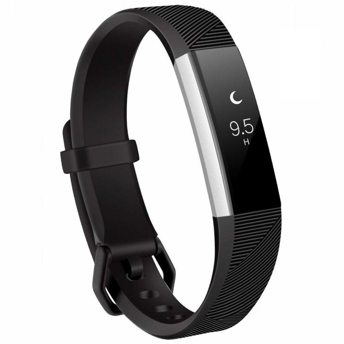 Schwarzer Fitnesstracker mit schwarzem Armband und Display mit Uhrzeit und Mondsymbol.