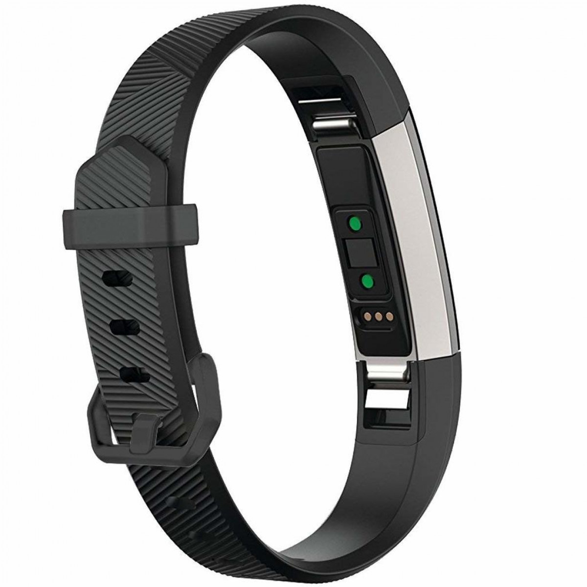 Schwarzer Fitnesstracker. Schwarzes Armband mit Schnalle. Silbernes und schwarzes Tracker-Gehäuse.