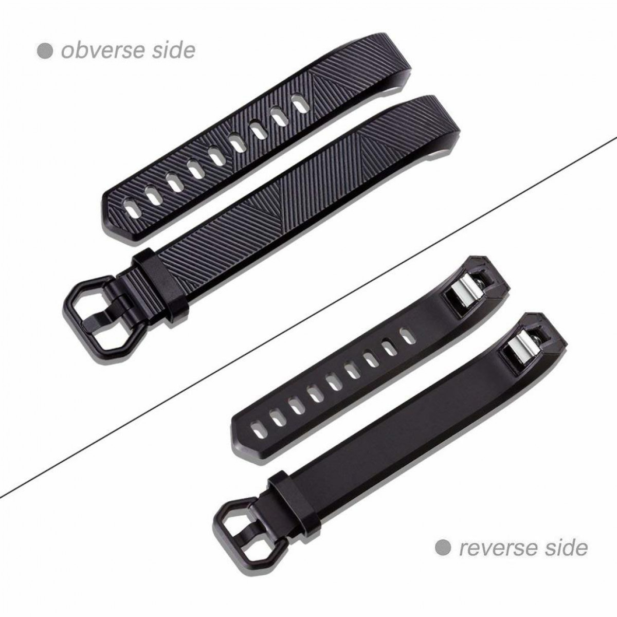 Zwei schwarze Uhrenarmbänder. Vorder- und Rückseite mit Textbeschriftungen dargestellt.
