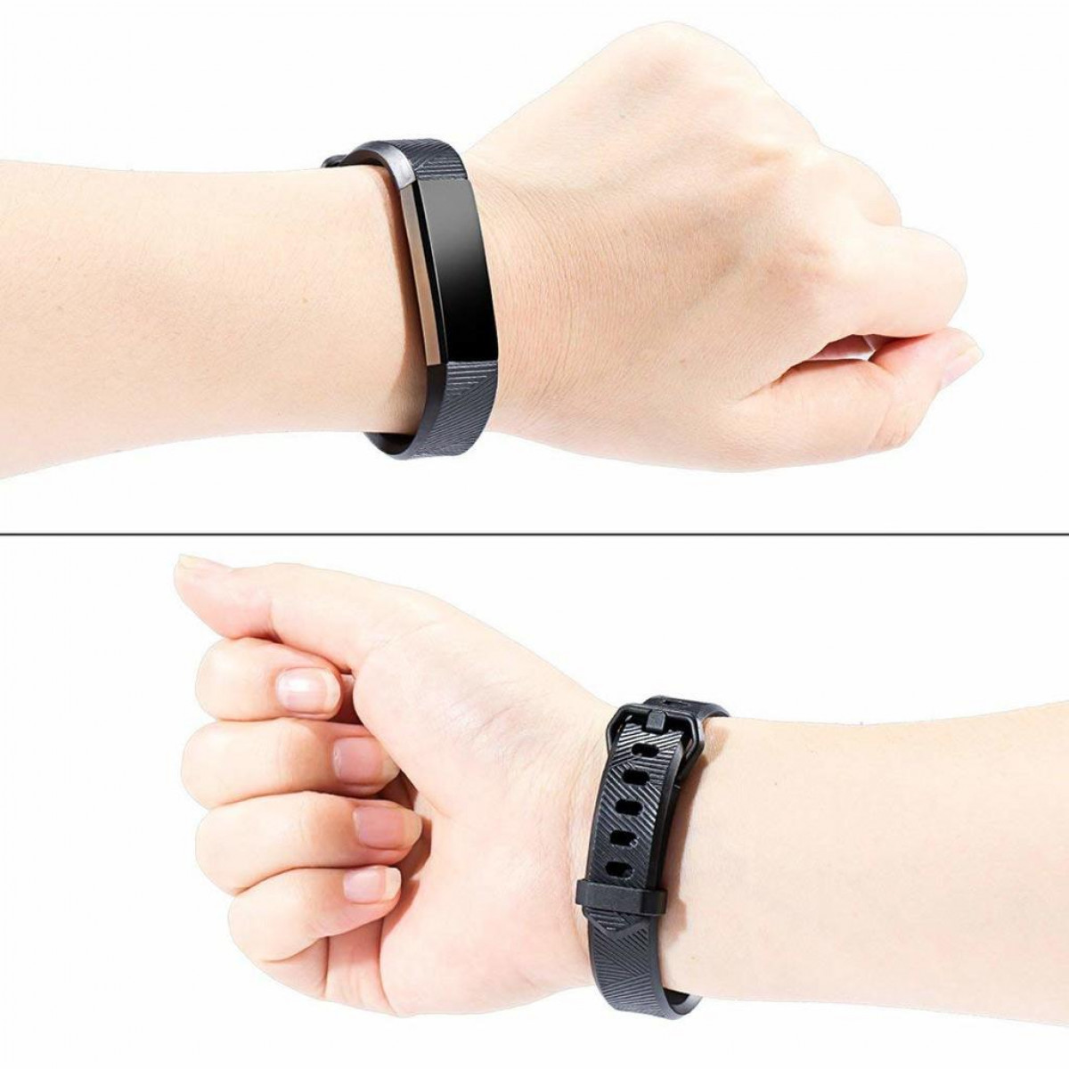 Zwei Hände mit Fitness-Trackern. Eine hat ein Metallband, die andere ein schwarzes Gummiband.