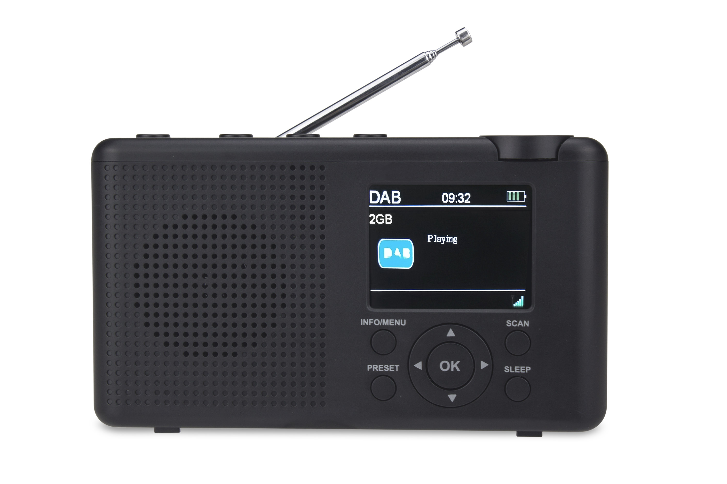 Schwarzes DAB-Radio mit Bildschirm, der Zeit und DAB-Infos anzeigt. Silberne Antenne oben.