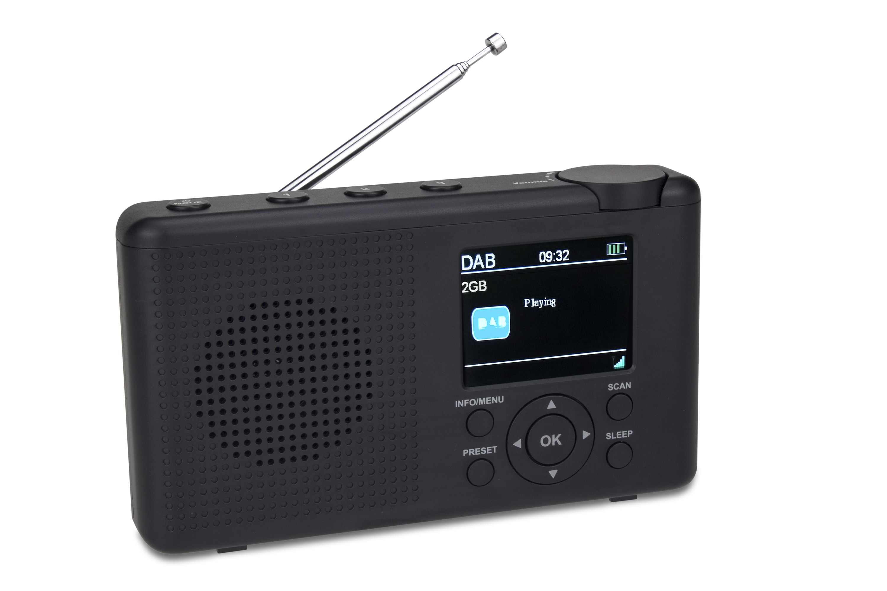 Ein schwarzes DAB-Radio mit einem Bildschirm, der 'Playing' anzeigt. Es hat Knöpfe und eine ausziehbare Antenne.