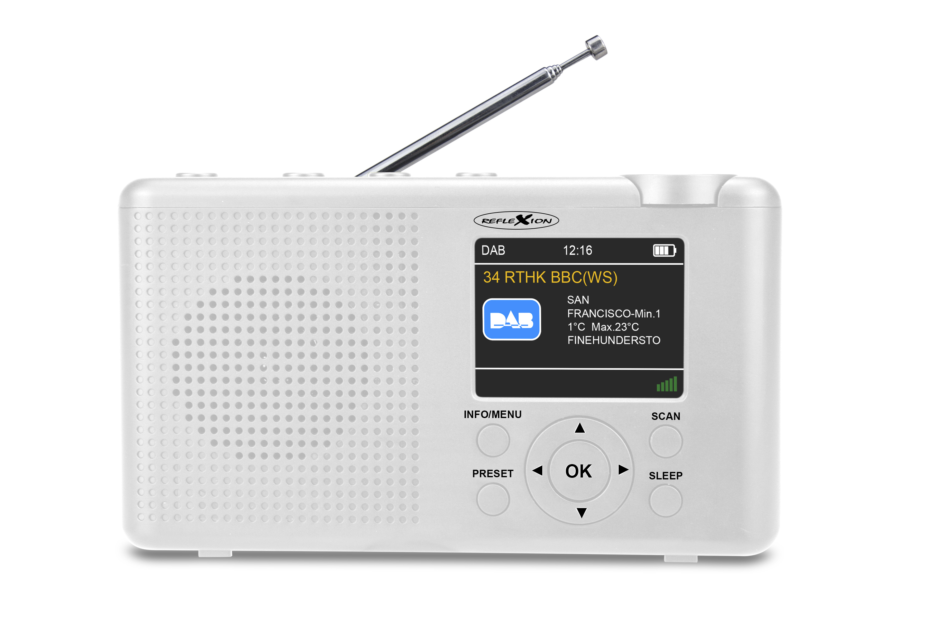 Ein weißes Radio zeigt Informationen auf einem Bildschirm an. Es hat Knöpfe und eine Antenne.