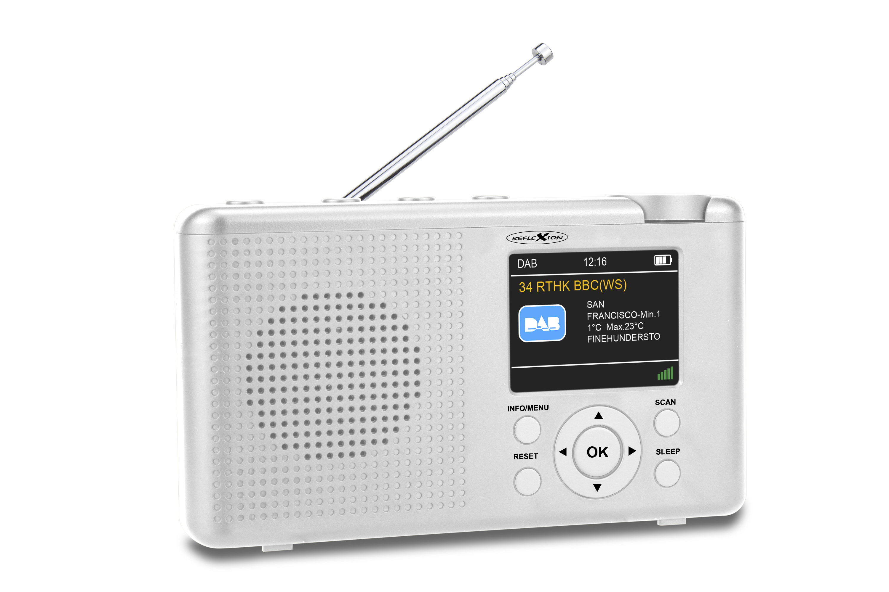 Weißes Retro-Radio mit Digitalanzeige und Teleskopantenne.