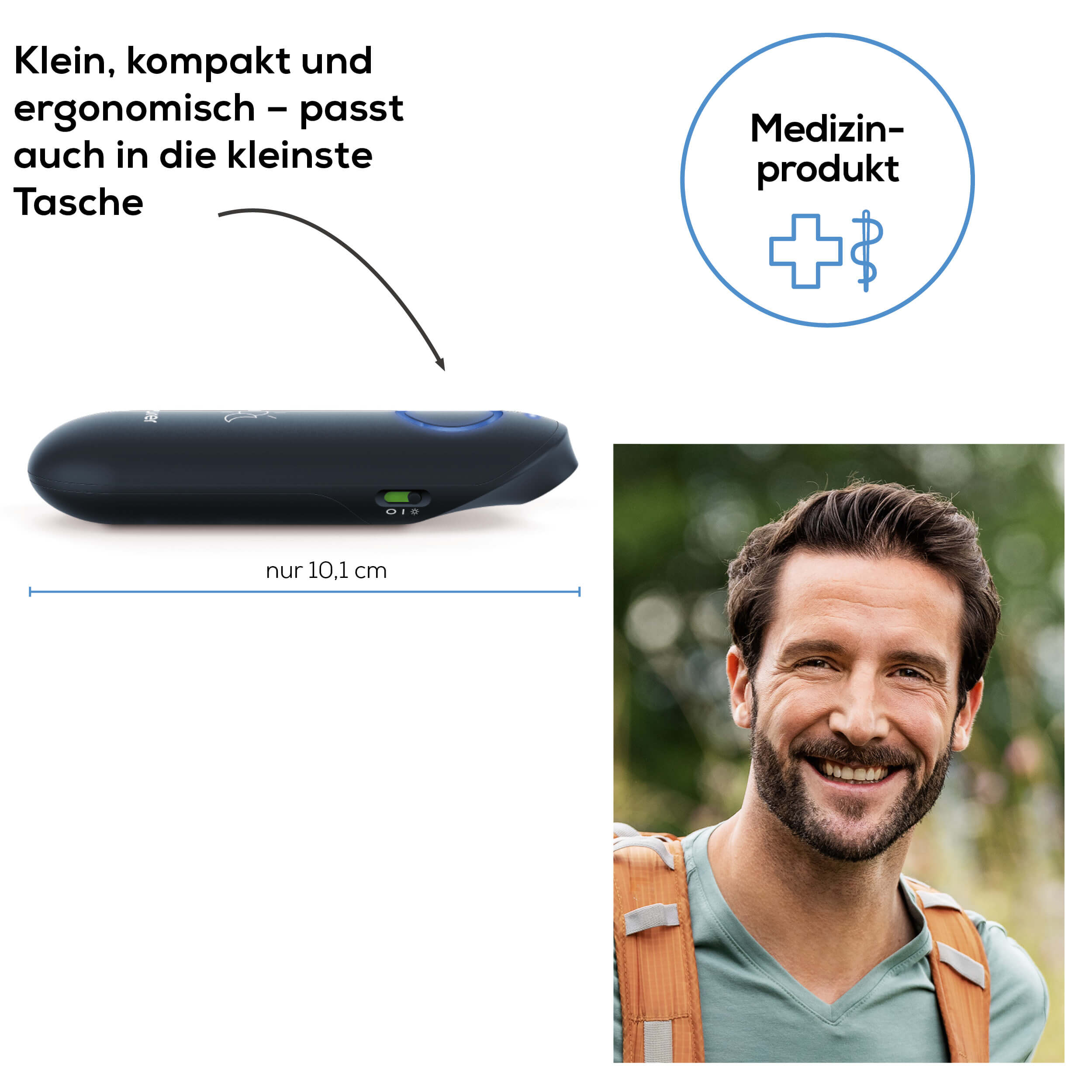 Schwarzes medizinisches Gerät, ein lächelnder Mann mit Rucksack und ein Text auf Deutsch.
