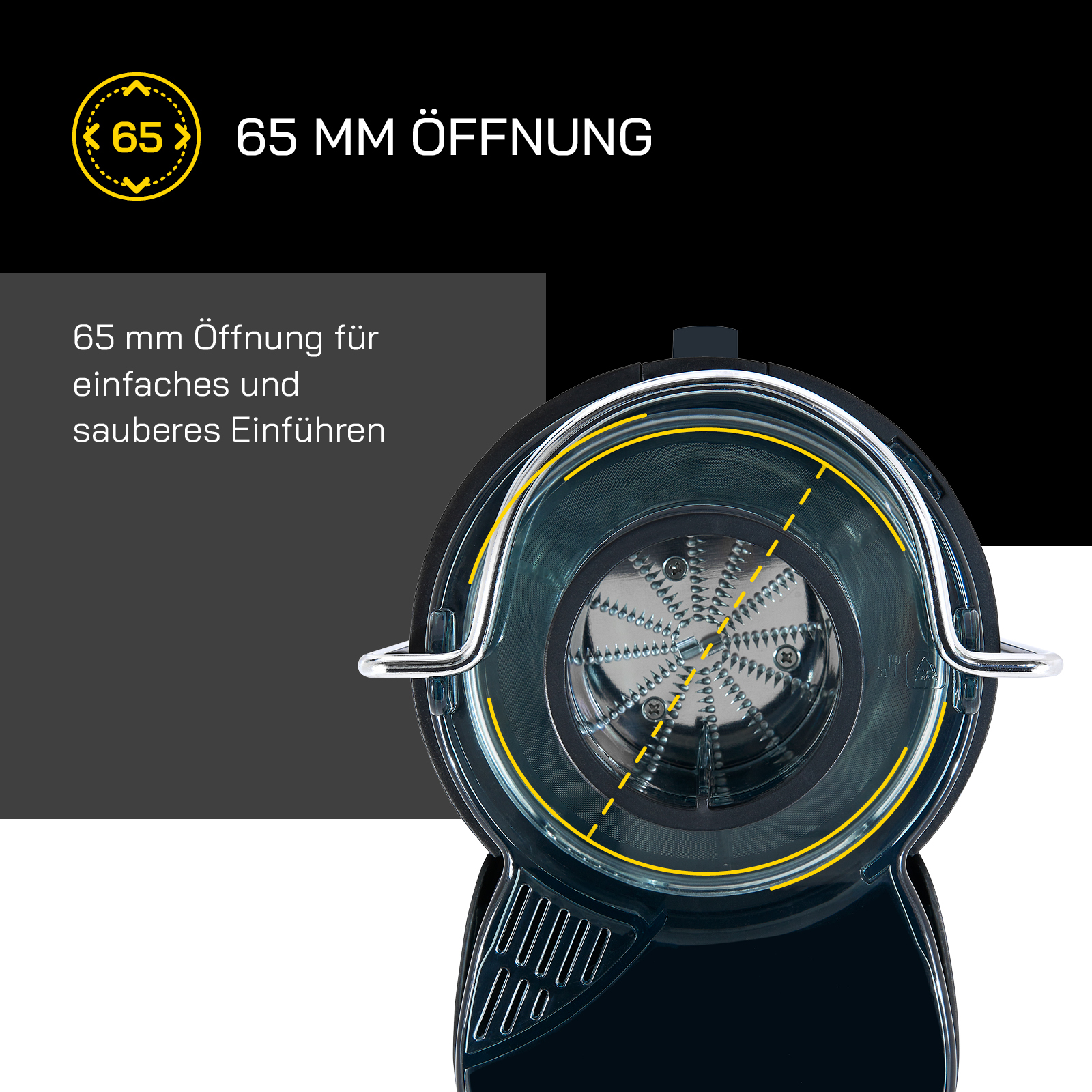 Ein Entsafter mit 65 mm Öffnung. Das Innere des Entsafters ist sichtbar.