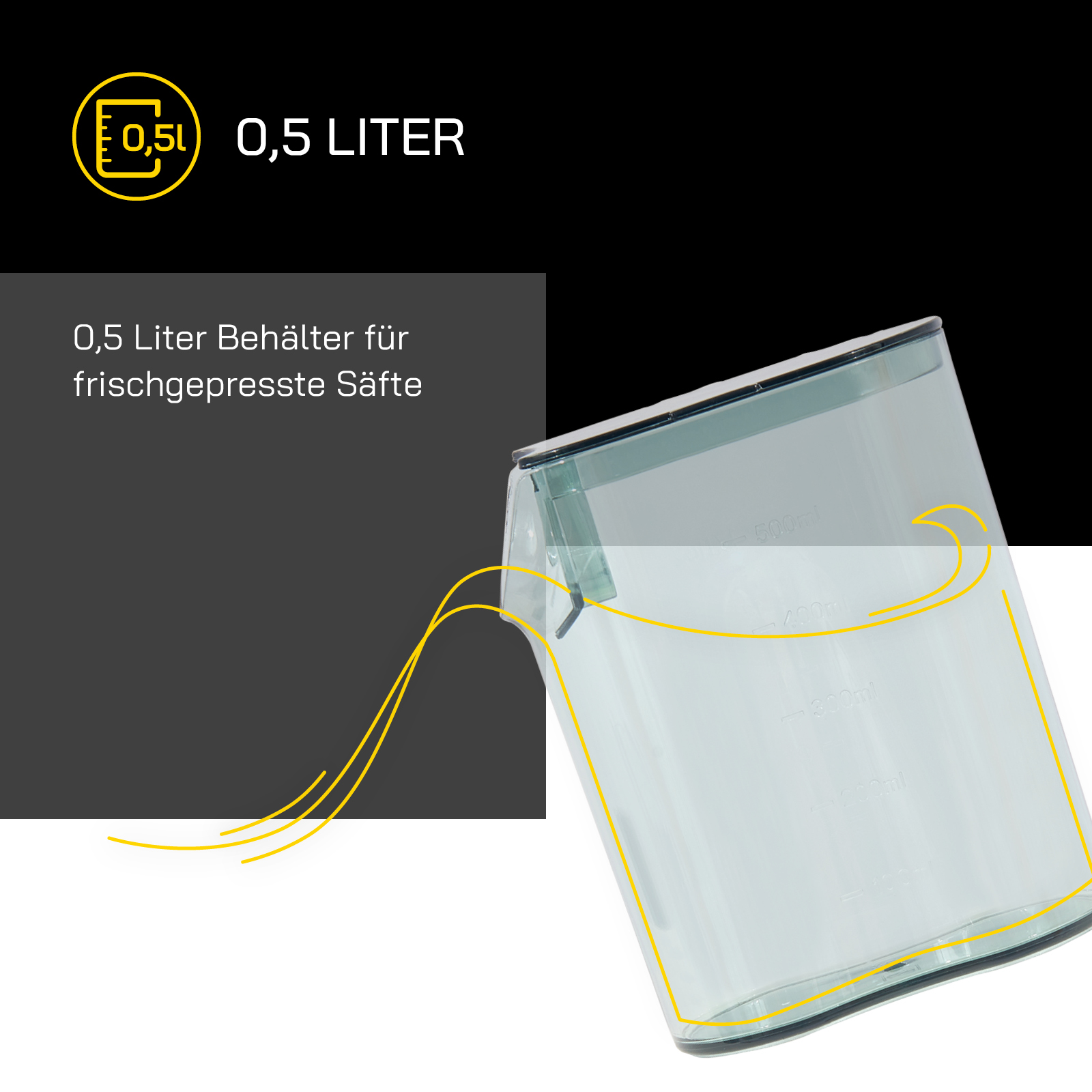 Ein klarer Behälter. Enthält Flüssigkeit. Text über Saft. Gelbe Linien zeigen an, wie viel Saft hinzugefügt werden soll. Schwarzer Hintergrund.