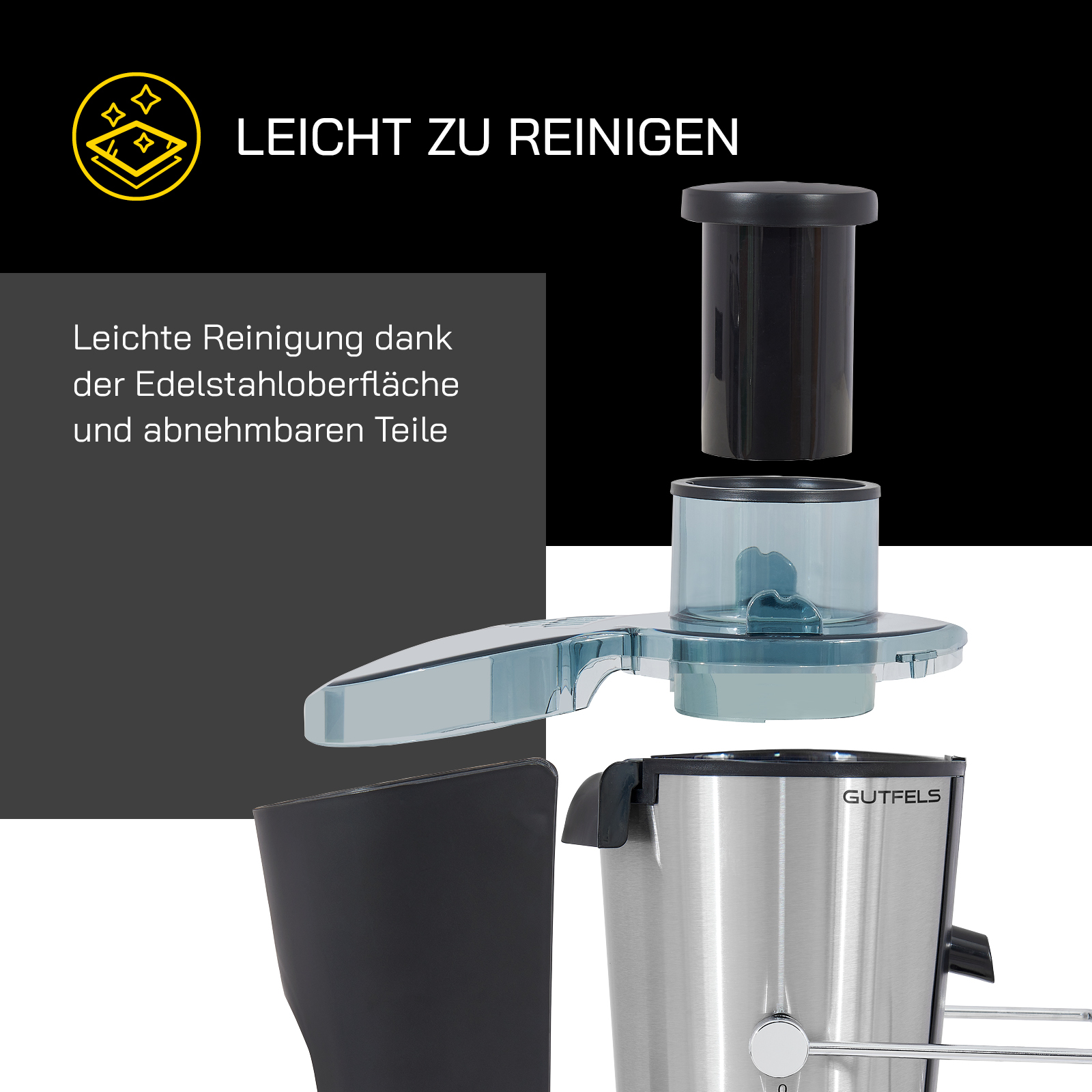 Zerlegte Entsafterteile, darunter Edelstahl- und schwarze Kunststoffkomponenten.