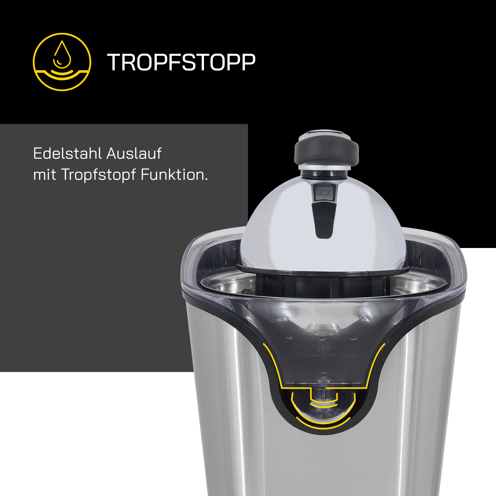 Eismaschine aus Edelstahl mit Text: Edelstahlauslauf mit Tropfstopp-Funktion. Schwarz-weißes Oberteil.