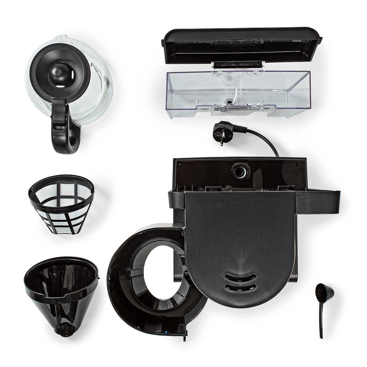 Zdemontowany ekspres do kawy. Elementy to szklany dzbanek, koszyk filtra i czarna podstawa.