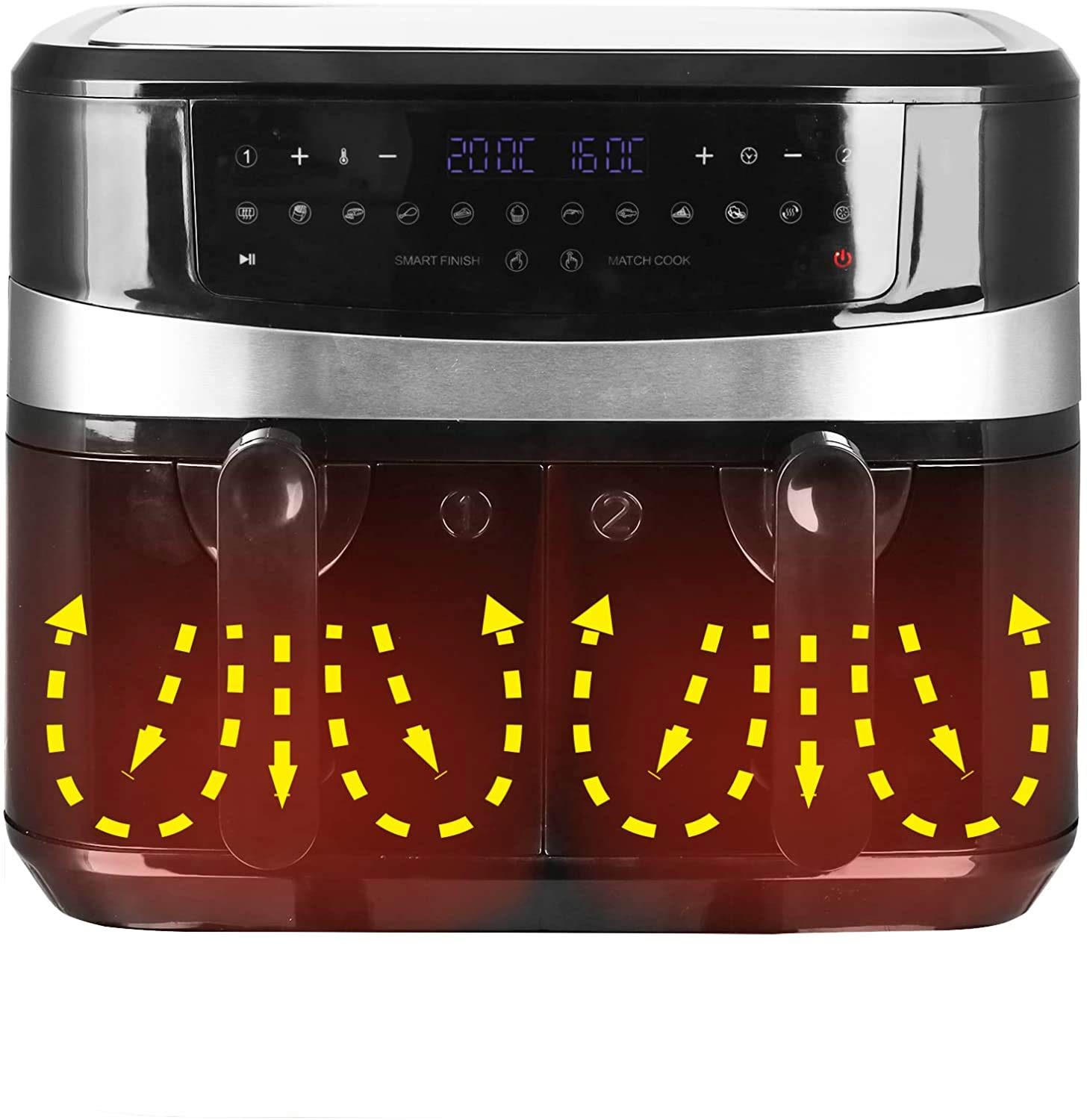 Czarna frytkownica powietrzna z wyświetlaczem cyfrowym, przyciskami i żółtymi strzałkami ciepła.