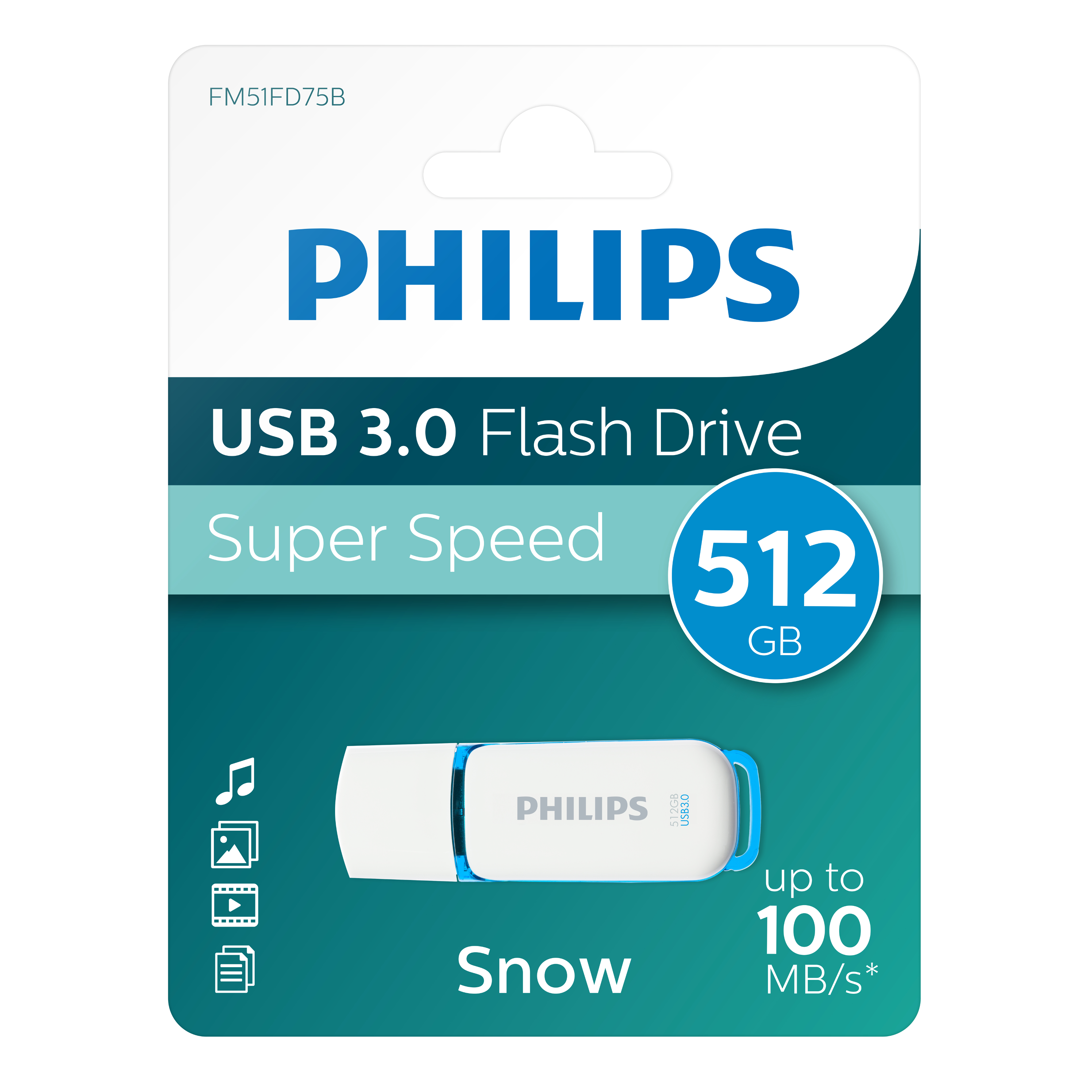 USB 3.0 flash drive in een verpakking. De drive is wit en blauw, met een capaciteit van 512 GB.