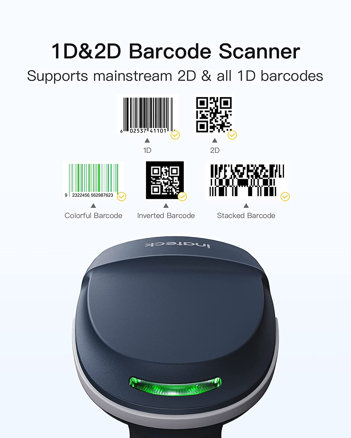 Barcodescanner mit mehreren Barcode-Typen. Unten leuchtet ein grünes Licht.