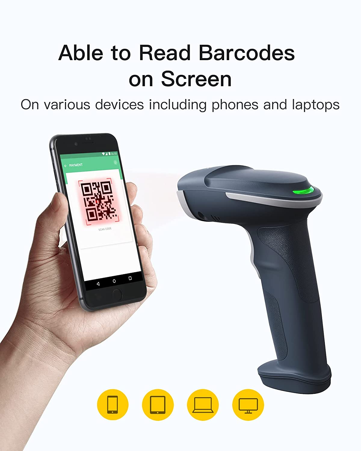 Ein Handheld-Barcode-Scanner scannt ein Telefon mit einem QR-Code, weißer Hintergrund, Symbole.