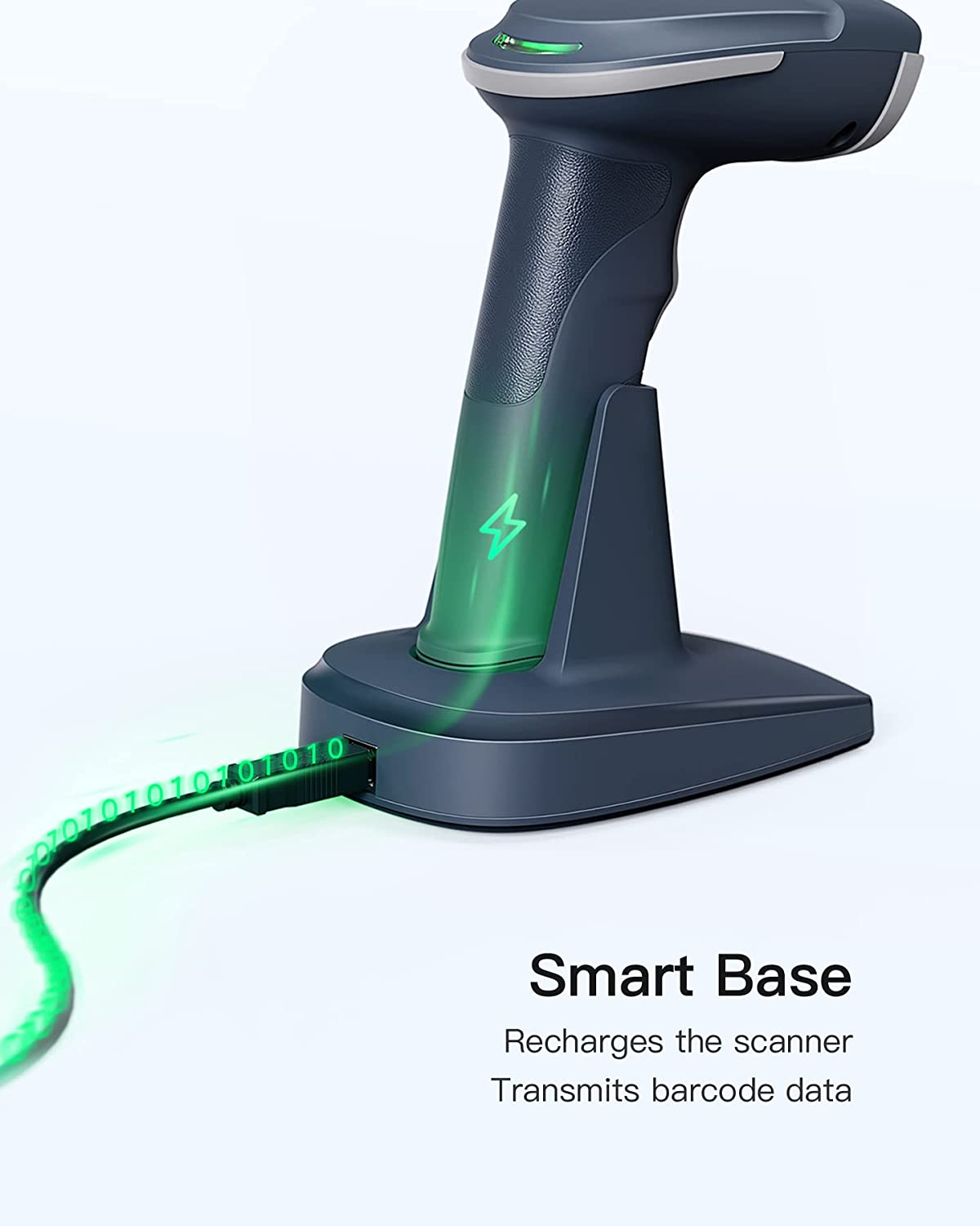 Ein grauer Barcode-Scanner auf einer Basis. Text: Smart Base. Lädt den Scanner auf, überträgt Barcode-Daten.