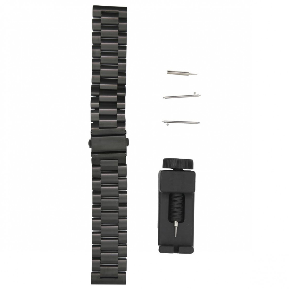 Schwarzes Uhrenarmband mit Werkzeugen zur Anpassung, einschließlich Stiften und einem Werkzeug.