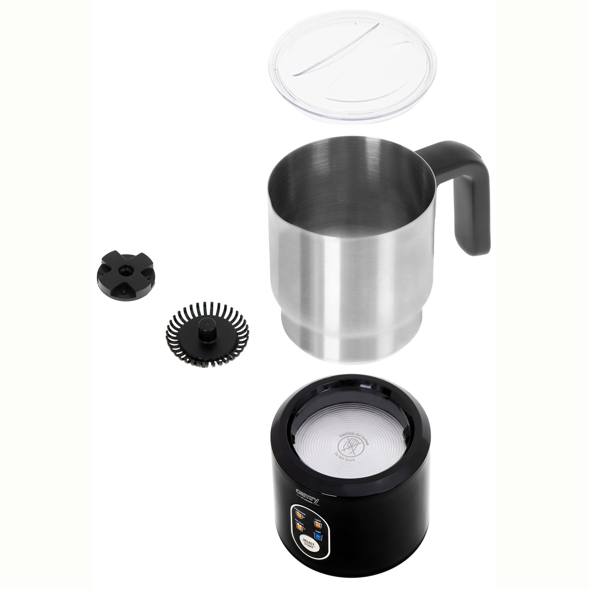 Espumador de leche desmontado: base, accesorio espumador, tapa, cuerpo y asa. Fondo blanco.