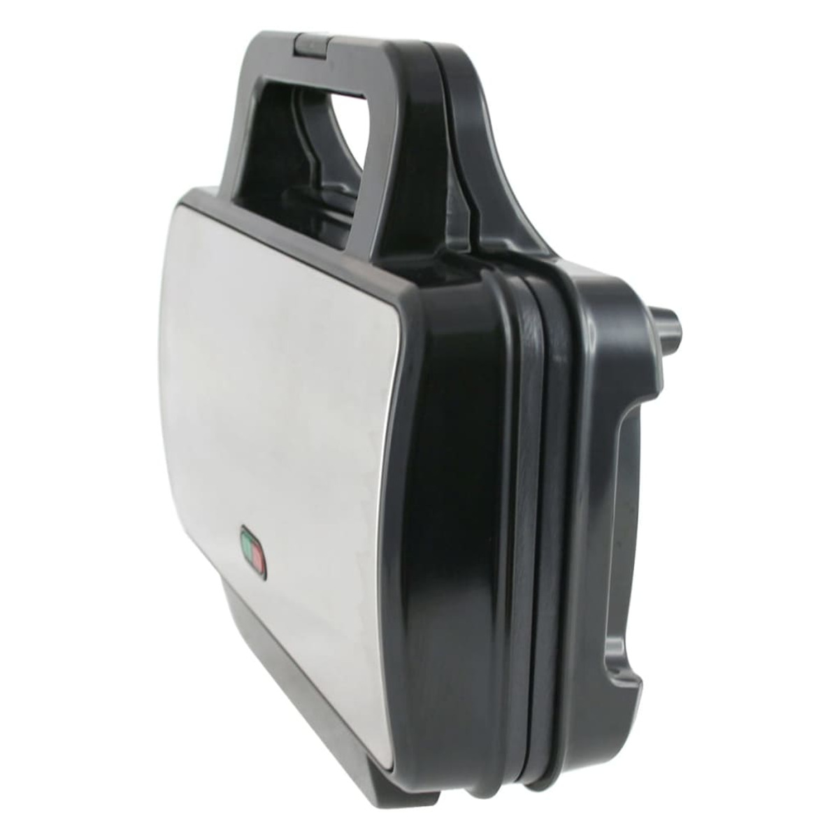 Silber-schwarzer Sandwichmaker. Schwarzer Griff. Weißer Hintergrund.