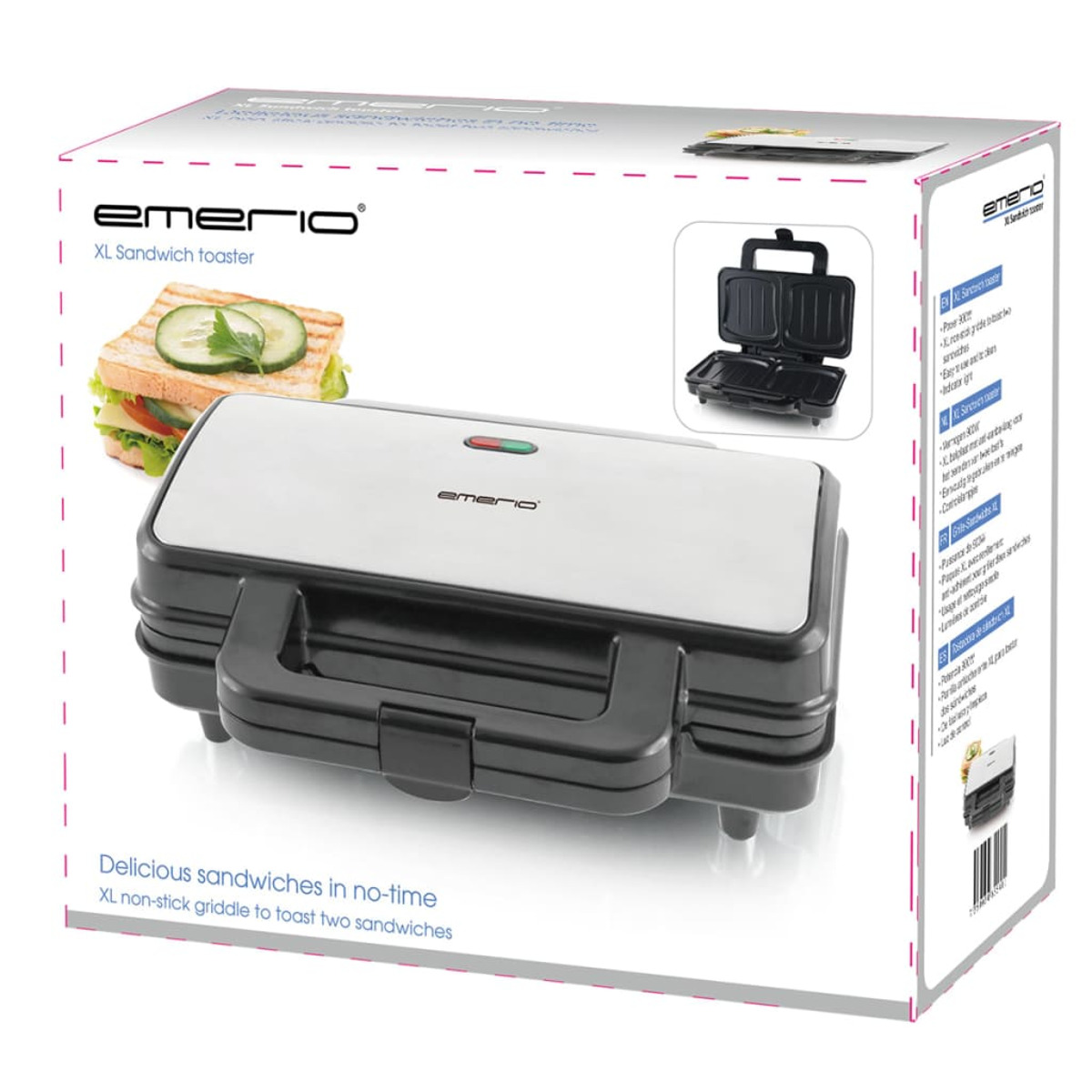Sandwich-Toaster-Box. Es zeigt ein Sandwich und den Toaster. Die Marke ist Emerio.