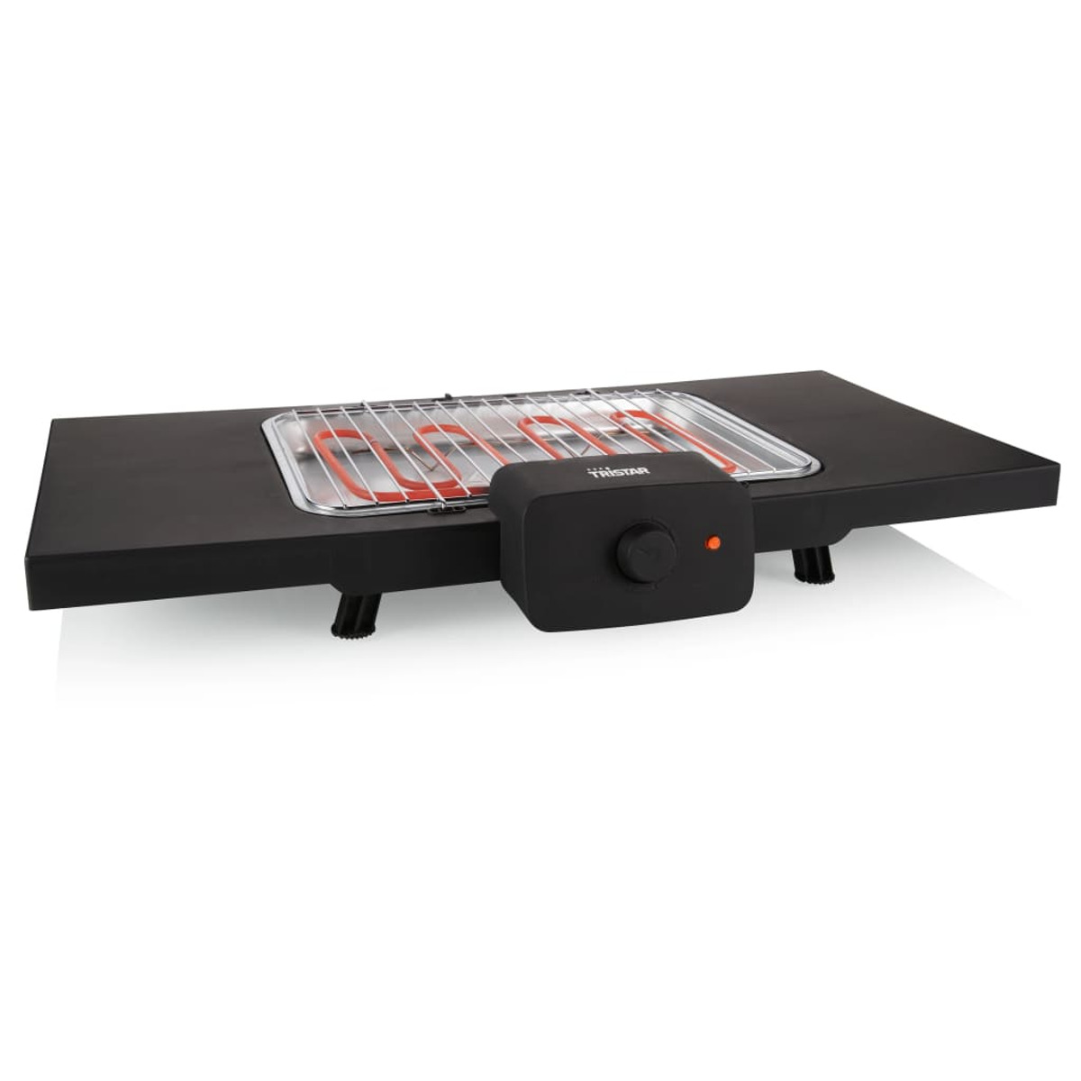 Ein schwarzer Elektrogrill mit einem Drehknopf.