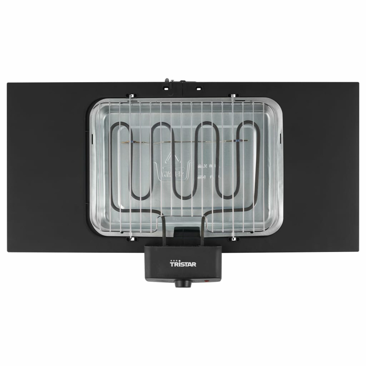 Eine Draufsicht auf einen schwarzen Elektrogrill mit Heizelement und Temperaturregler.