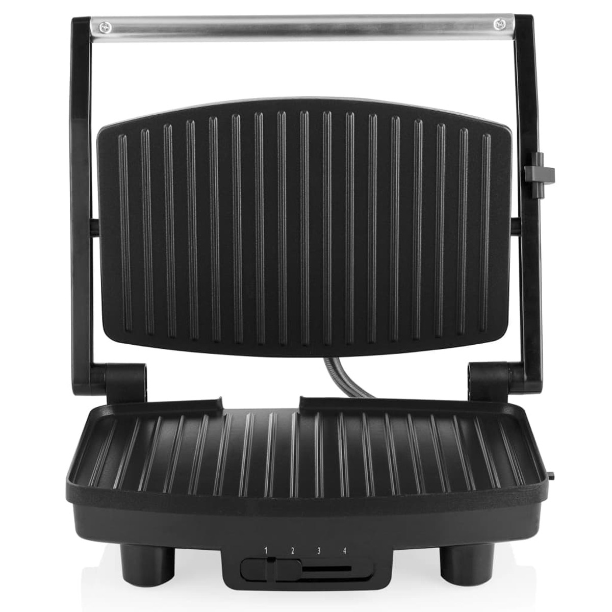 Schwarzer Panini-Grill. Geöffnet, zeigt Grillplatten und ein Temperaturrad.
