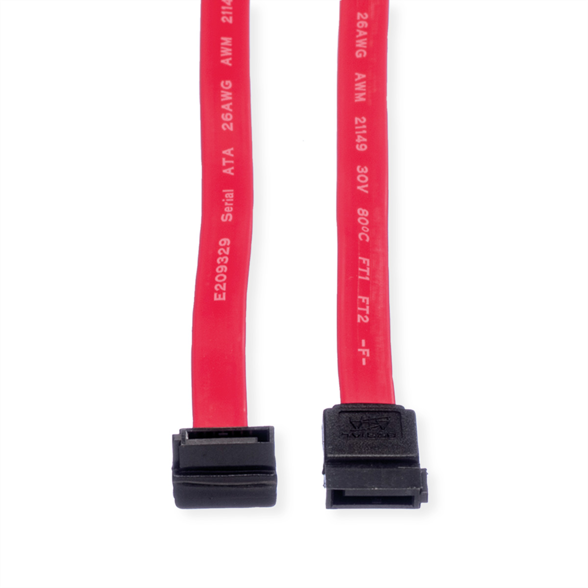 Zwei rote SATA-Kabel mit schwarzen Steckern, auf einer weißen Oberfläche, Studioaufnahme.