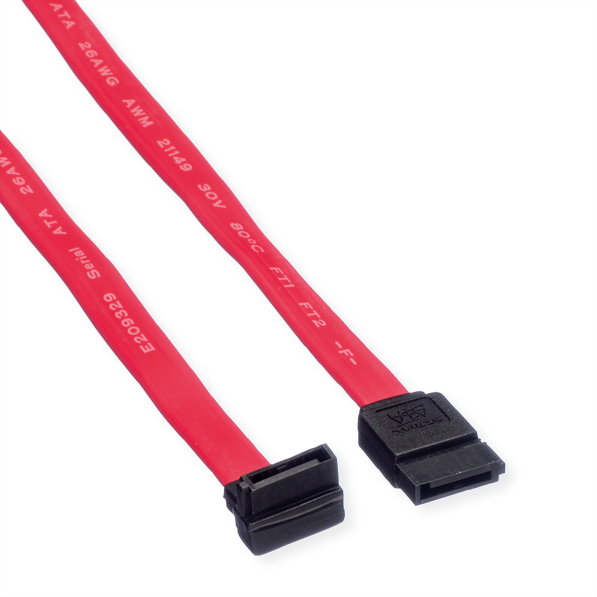 Rotes SATA-Kabel mit schwarzen Steckern auf weißem Hintergrund.