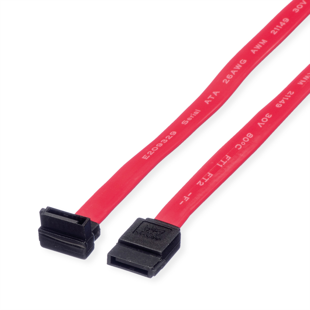 Zwei rote SATA-Kabel. Jedes Kabel hat an jedem Ende Anschlüsse.
