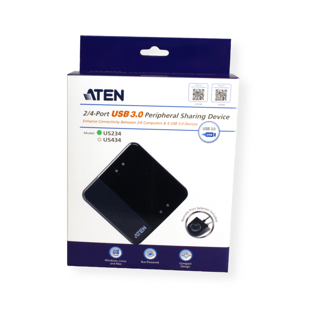 Box for a 2/4-port USB 3.0 sharing device, black device visible inside.