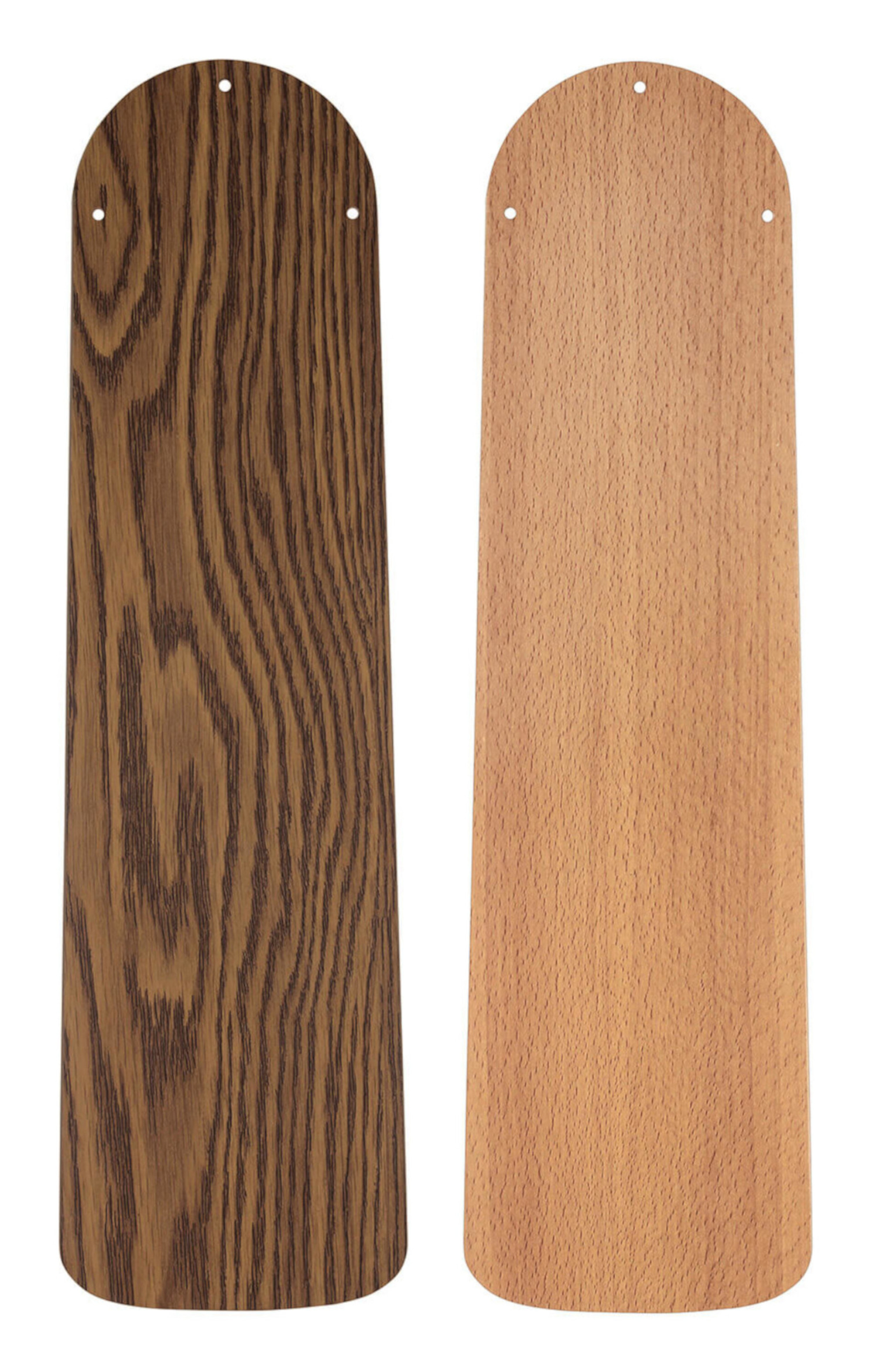Due pale di ventola in legno: una con venature scure, l'altra con venature chiare, affiancate su bianco.