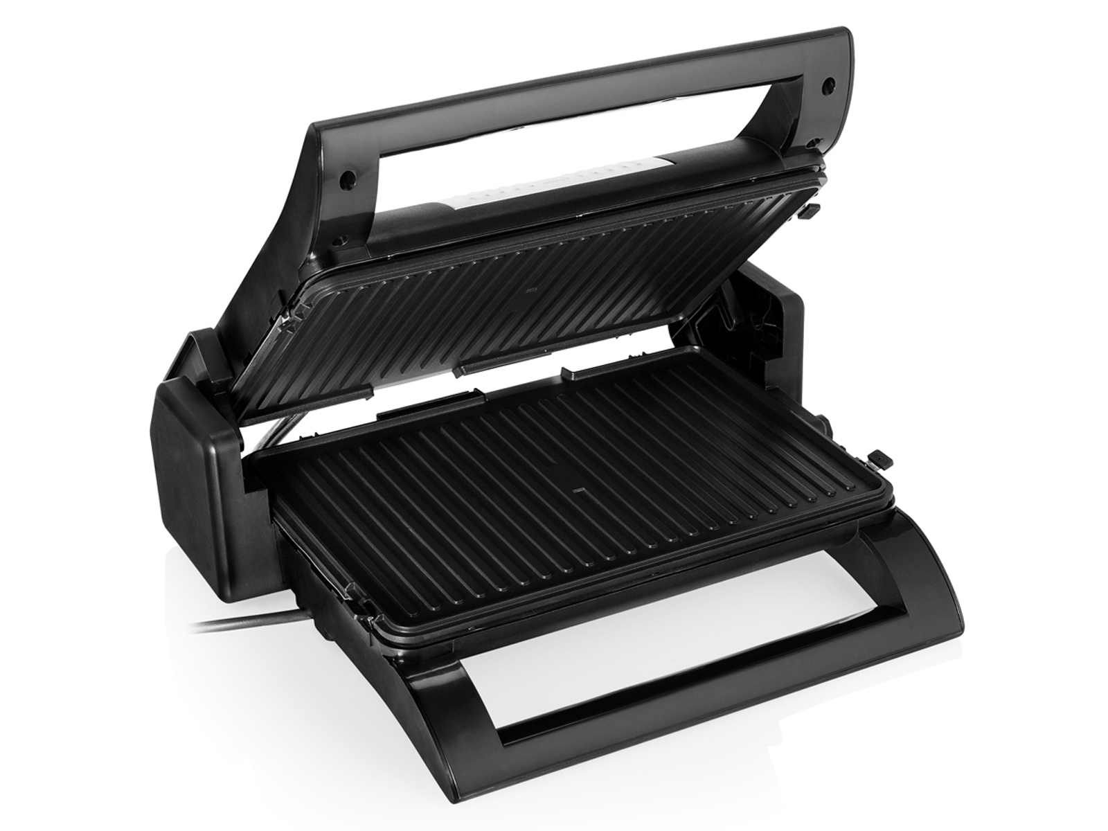 Ein schwarzer Sandwichgrill, offen, mit den Kochflächen.