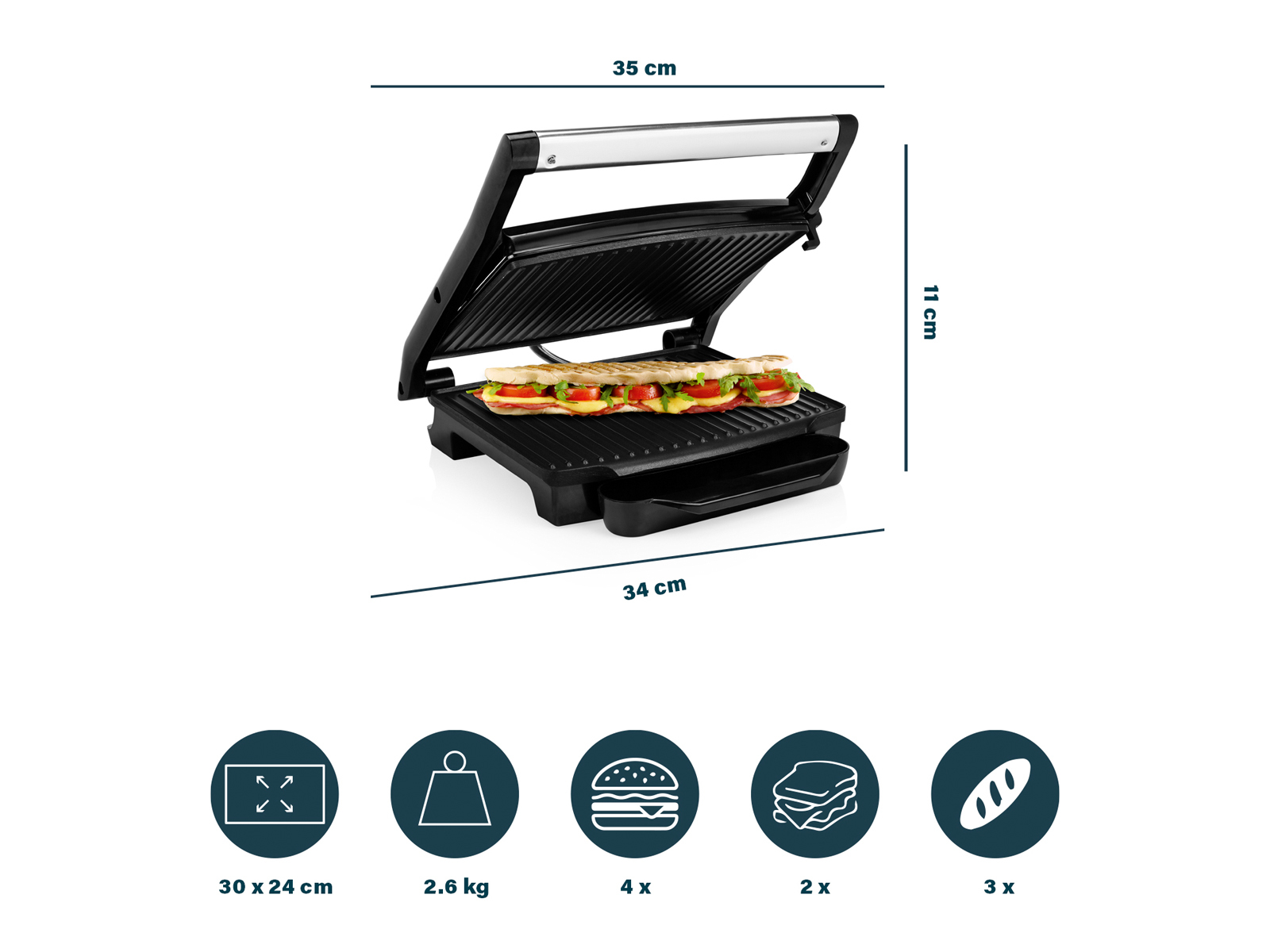 Schwarzer Panini-Maker mit Sandwich. Abmessungen sind angegeben. Mehrere Symbole für Lebensmittel.