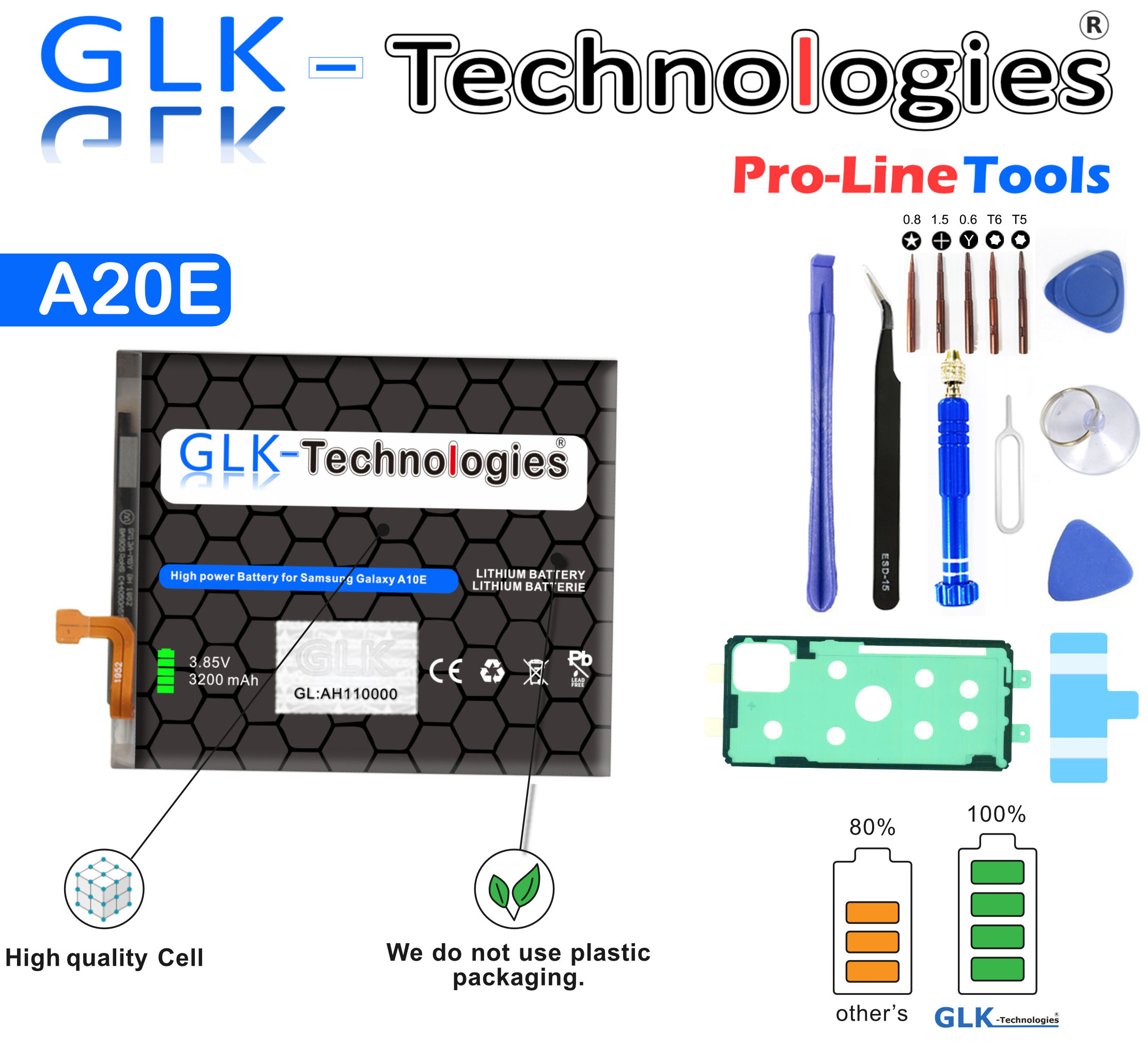 GLK-TECHNOLOGIES High Power Ersatzakku für Samsung A20e Akku Werkzeug Lithium-Ionen-Akku SM-A102 Ersatz Smartphone inkl. Galaxy Set SM-A102N 3200mAh SM-A102P
