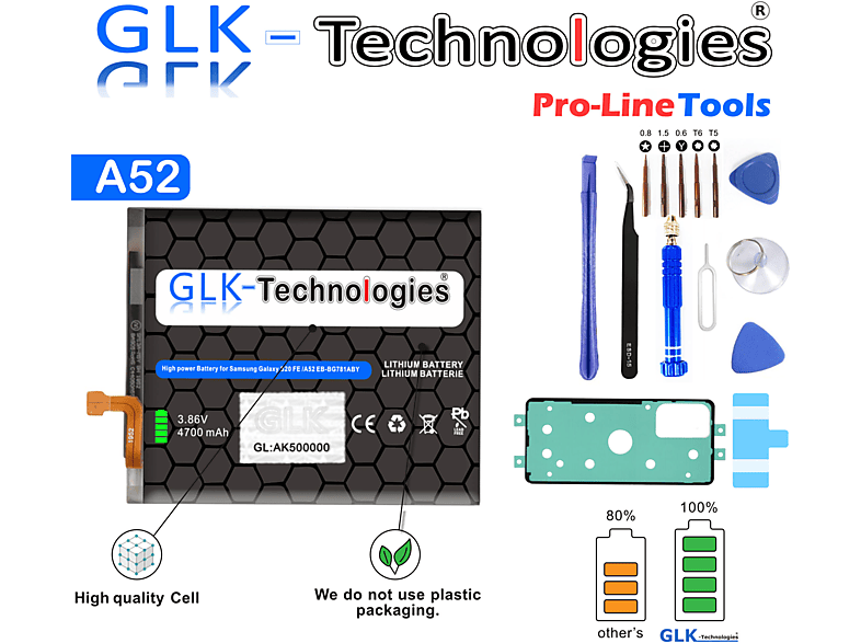 GLK-TECHNOLOGIES Ersatz Akku für Samsung Galaxy A52 A525F, A52 5G A526B, A52s A528B 4700mAh | inkl. Werkzeug Set Lithium-Ionen-Akku Smartphone Ersatz Akku