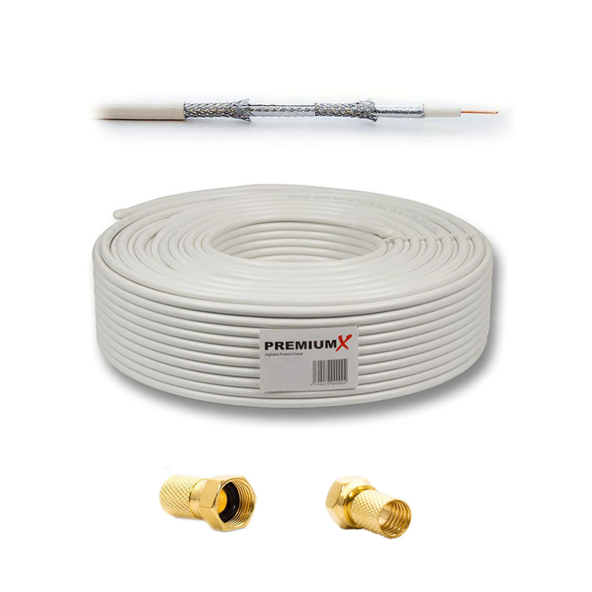 Weißes Koaxialkabel aufgerollt mit einem Schnitt, der die Innenkabel zeigt, plus zwei goldene F-Stecker.